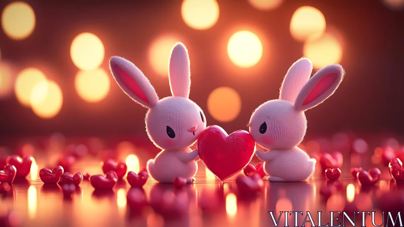 Romantic stylized bunnies holding glossy red heart centerpiece.