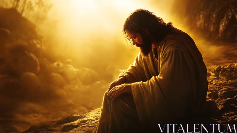 Solitary robed figure in golden backlight, contemplative pose