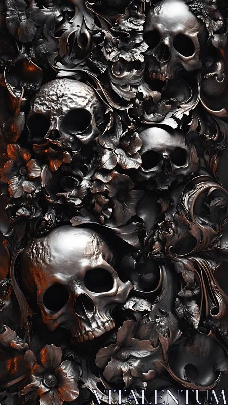 Baroque metallic skull relief with entwined floral structures.