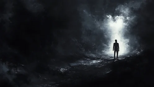 Silhouetted figure approaching luminous void in turbulent darkness.