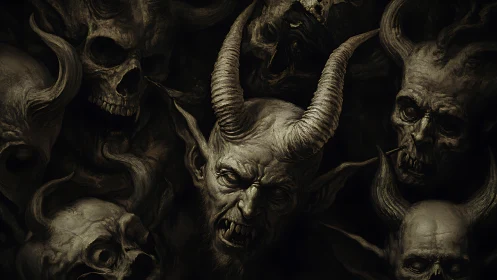 Horned demonic busts emerge from chiaroscuro skeletal mass