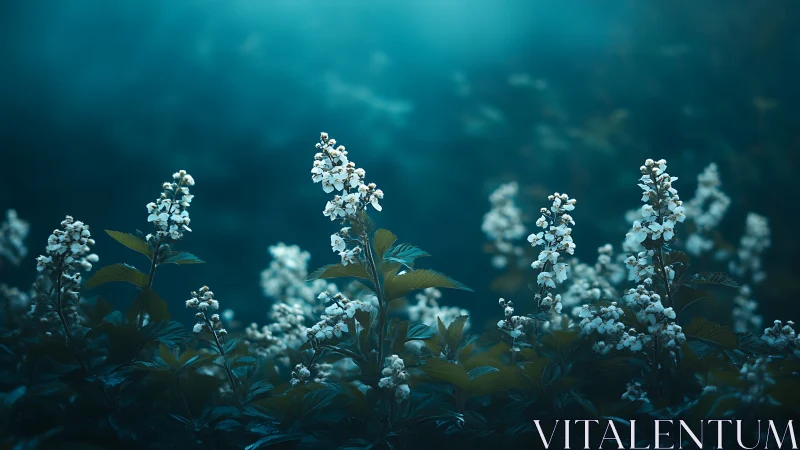 Luminous petals suspended in teal stillness.