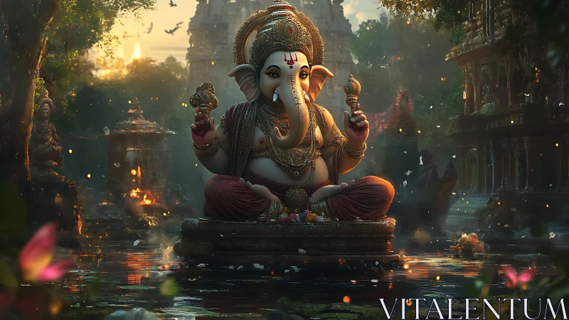 Golden Ganesha floats in dusk-lit temple pond of whispers