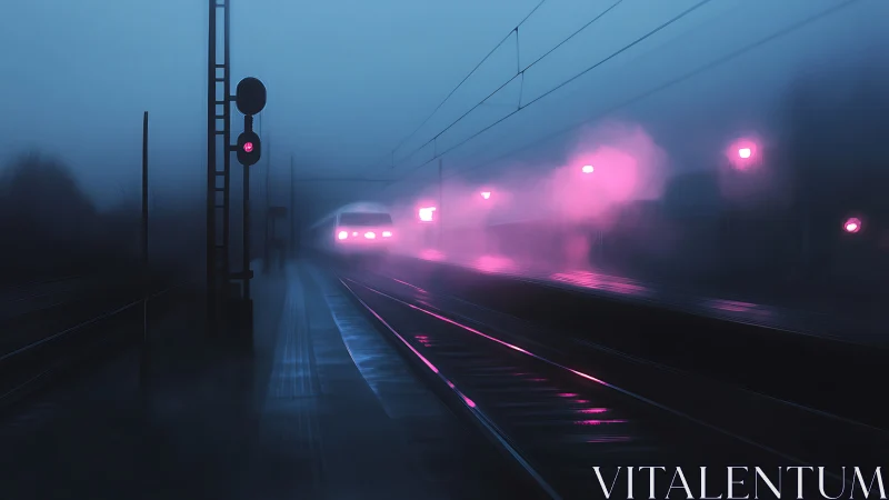 High-speed train approaches foggy station with neon lighting