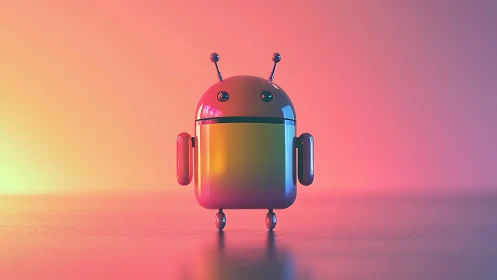 Colorful glossy robot figure on smooth reflective surface.