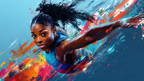 Dynamic digital portrait of a powerful female athlete in motion.
