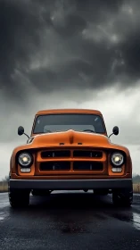 Bold orange vintage truck waiting under stormy skies.