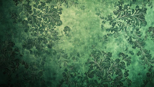 Vintage green damask flourishes over textured background.