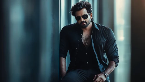 Low key portrait of man in black shirt with shallow depth of field