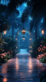 Moonlit rain-drenched jungle walkway with glowing chandeliers.