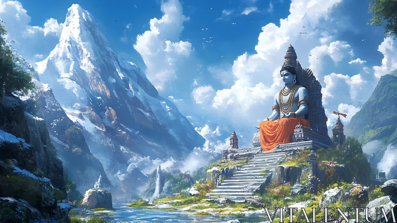 Mountain temple serenity with seated blue deity and clouds.