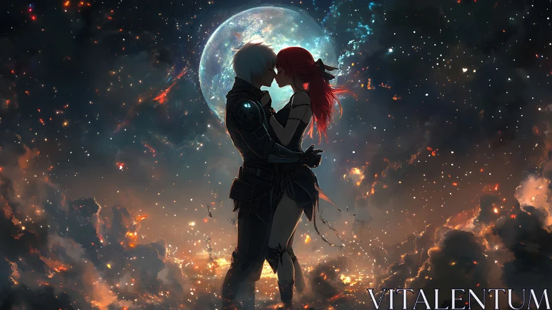Celestial Lovers Beneath Luminescent Moon in Cosmic Tempest.