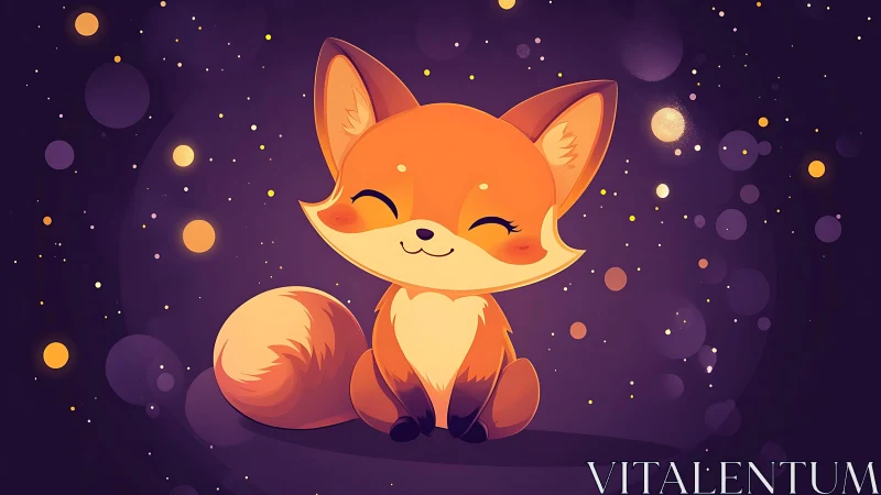 Starlit chibi fox smiles in a dreamy violet glowscape.