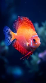Orange reef fish in side profile against dark blue water.