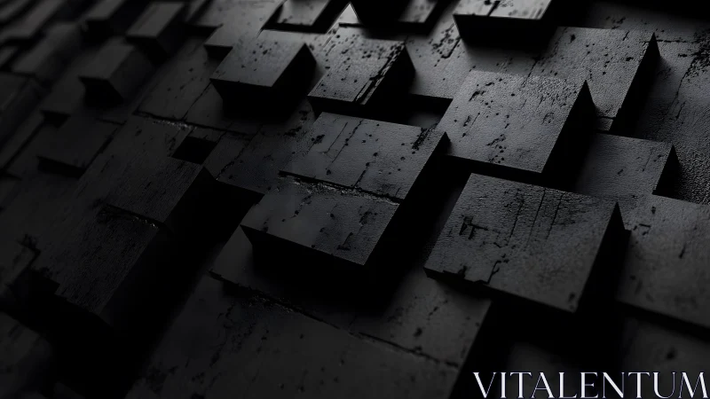 Dark geometric cubes abstract 3D render with industrial texture.
