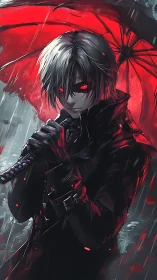 Crimson rainwalker with glowing eyes beneath a burning umbrella.