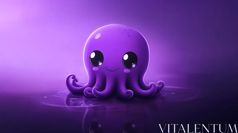 Cute purple cartoon octopus on soft glowing water surface.