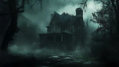 Fog-drowned manor brooding at the edge of forgotten woods.