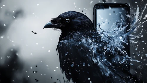 Cyber raven shatters from smartphone in icy fragments.