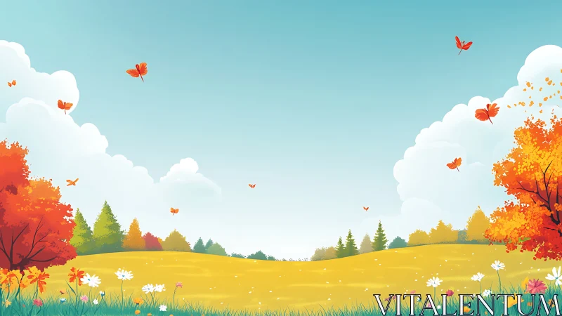 Autumn meadow spreads under bright sky with drifting butterflies.