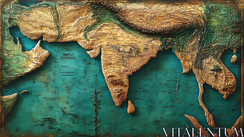 Textured relief map warmly highlights South Asia and seas