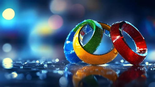 Colorful Interlocking Rings with Water Droplets, Vibrant Bokeh Style.