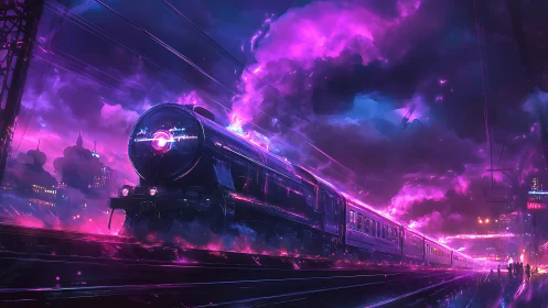 Neon storm train charging through electric cyberpunk night.