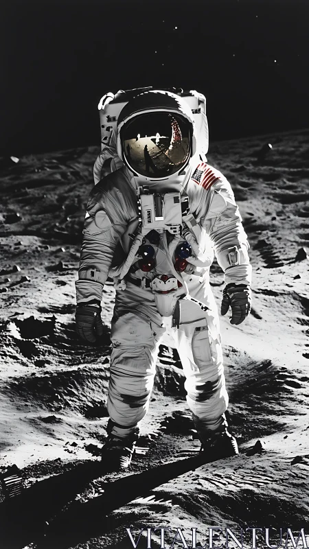 Astronaut standing on lunar surface in harsh sunlight.
