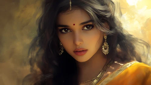 Digital portrait of Indian woman in golden light focus.