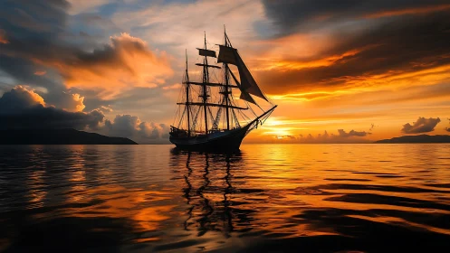Sunlit tall ship drifting through molten evening waters.