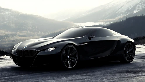 Aerodynamic black BMW coupe with glossy reflections on alpine road