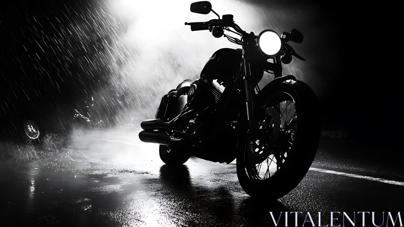 Moody night ride with a lone motorcycle in the rain.