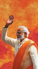 Digital portrait of dignitary waving against textured orange field.