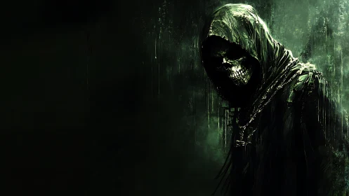 Grim hooded reaper emerges from dripping emerald shadows.