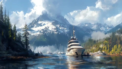 Superyacht moored in alpine fjord with snowcapped peaks and pines