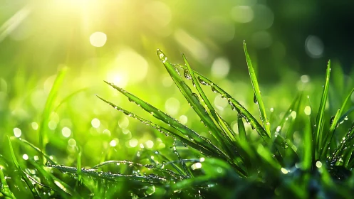 Morning sunlight sparkles on dew-covered grass blades.