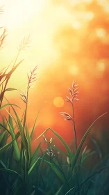 Sunlit meadow grass catches warm low evening light glow