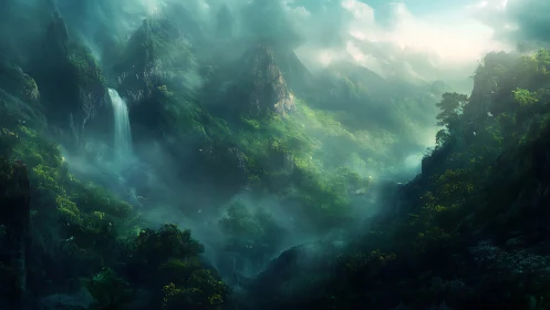 Misty Mountain Valley with Cascading Waterfall and Lush Forest