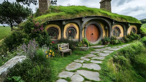 Storybook hillside cottage with cozy round doorway glow.