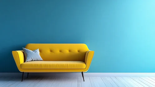 Yellow sofa against blue wall in minimal interior setting.