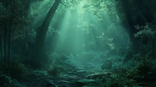 Mystical Enchanted Forest Bathed in Ethereal Emerald Light