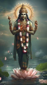 Divine four-armed deity standing on radiant lotus bloom.