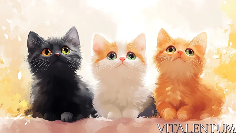 Three Kittens in Watercolor Pastels Against Luminous Background.