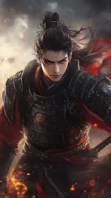 Intense warrior in black armor amid fire and smoke.