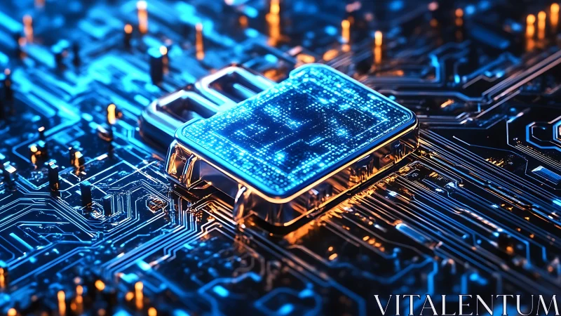 Glowing microchip at the heart of a vivid digital circuit.