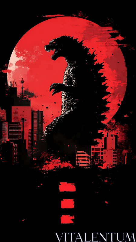 Silhouetted kaiju profile cuts through red lunar skyline