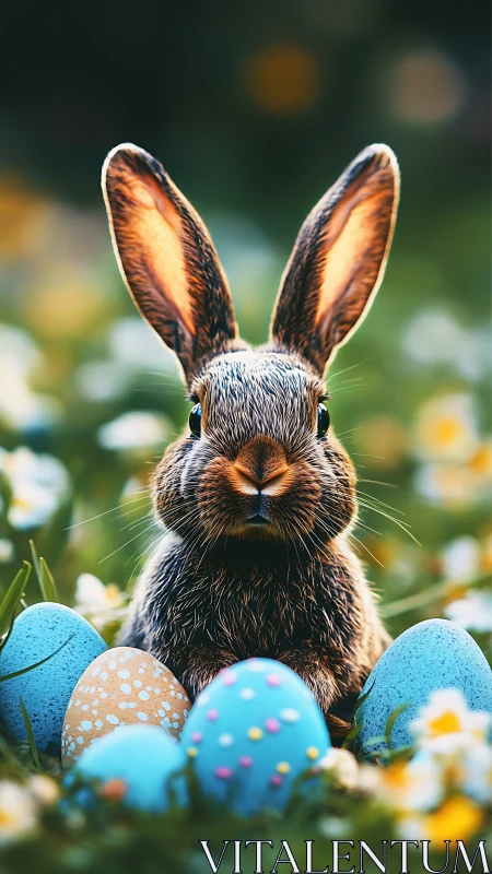 Easter bunny sits among painted eggs in spring meadow