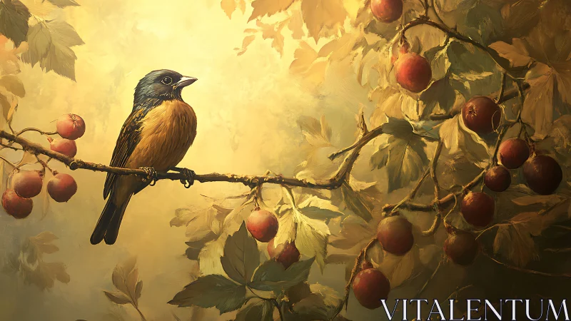 Colorful songbird perched on fruit tree branch, in soft golden light.