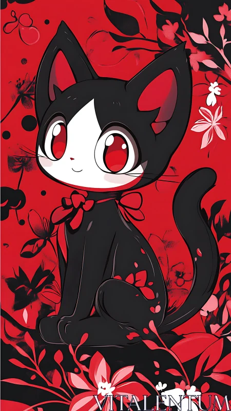 Scarlet night-garden kitten with luminous ruby eyes poised.