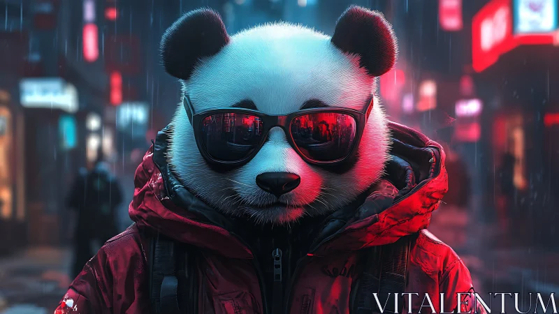 Anthropomorphic panda in neon-lit rain, high-contrast urban portrait
